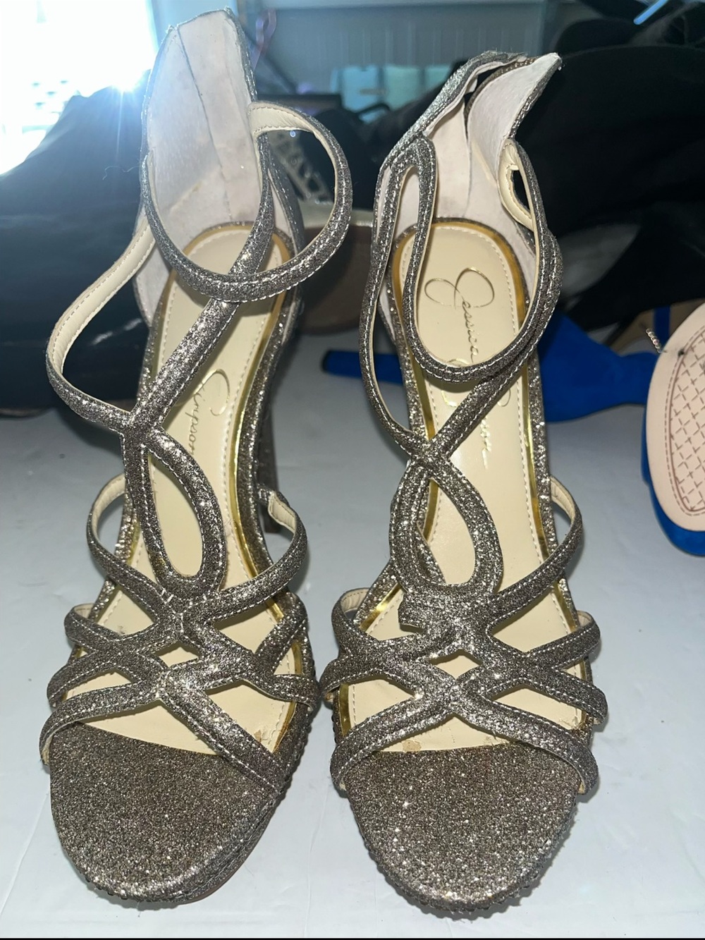 Jessica Simpson Metallic Glitter Strappy High Heels - Silver